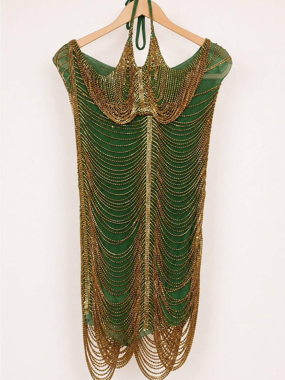 Cinzia Halterneck Diamond Chain Mesh Mini Dress In Green